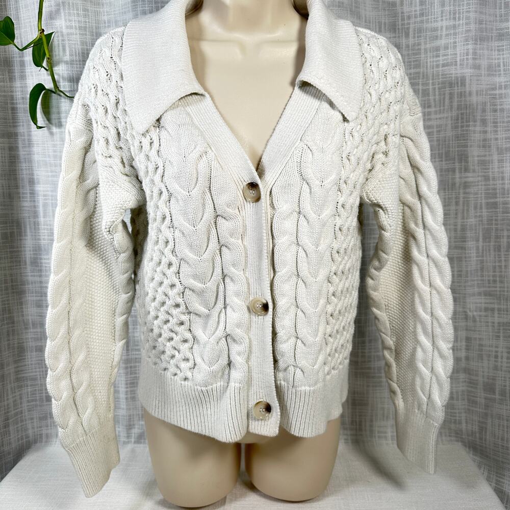 Parker Chunky Cable Knit Fisherman Cardigan - Johnny Collar Cream Women’s Sm 4-6